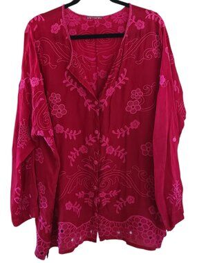 Fuchsia Embroidered Boho Blouse Eyelet Floral Roll Tab Sleeve Sheer Top 1X
